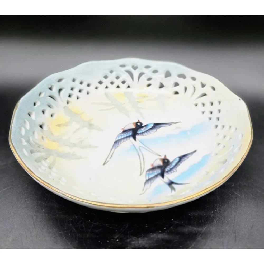 Vintage Hand Painted Pierced Porcelain Bowl Candy Dish Bird Swallow 7.75